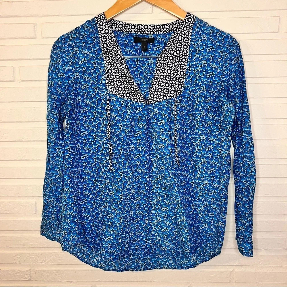 J. Crew Blue Floral Cotton and Silk Multi design Top, Women’s Size 4